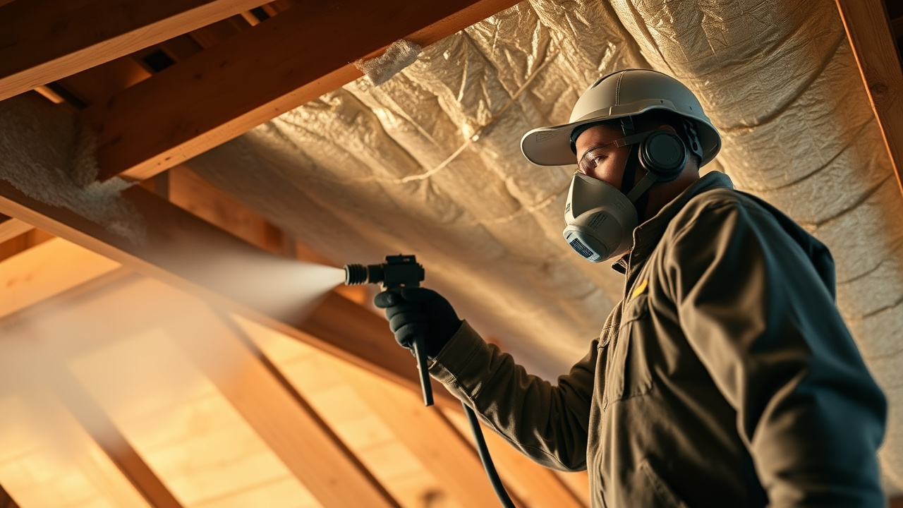 Technician spray-applying closed-cell spray foam insulation to a roof deck in an Athens, Georgia attic
